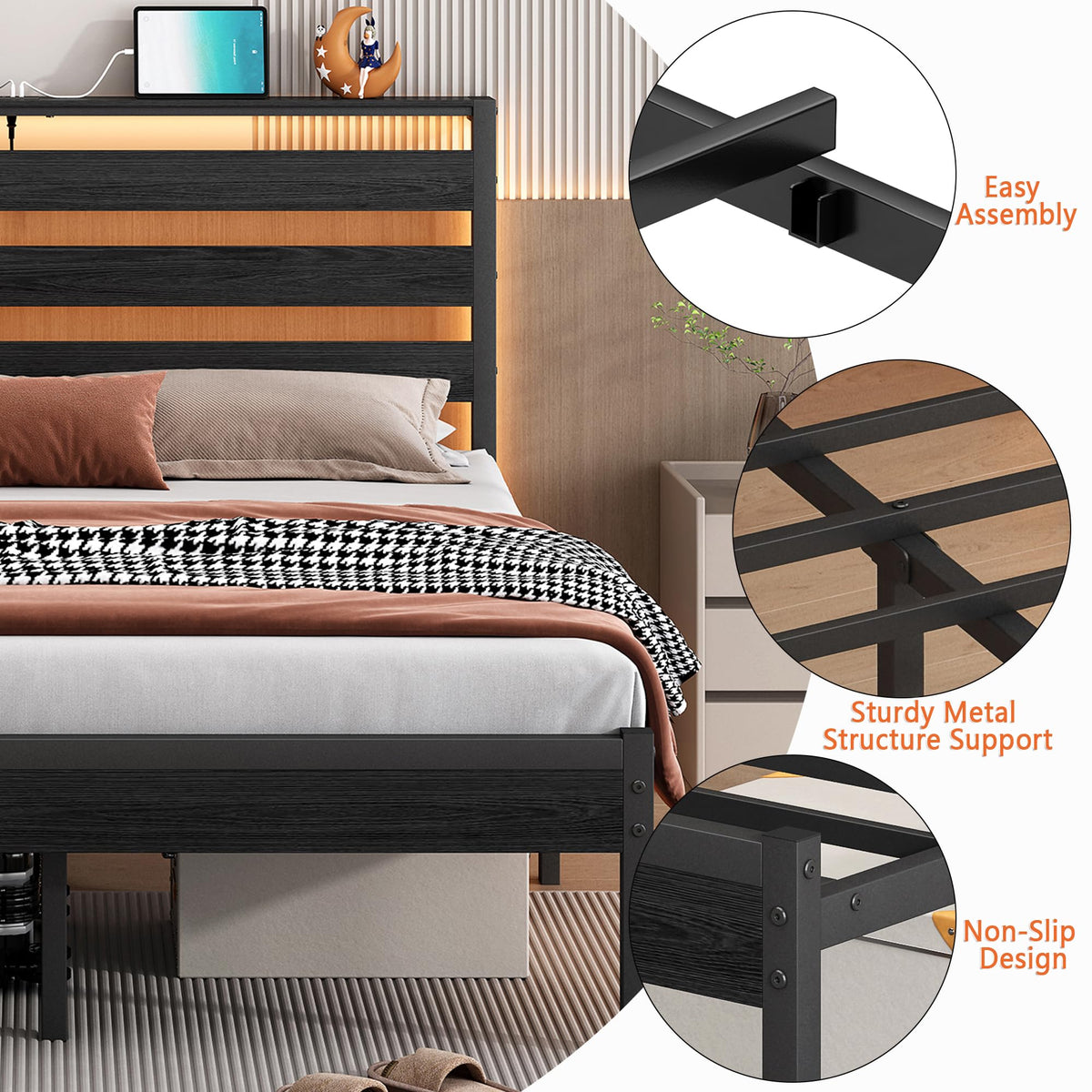 14 Inch Metal Platform Bed Frame with Headboard and USB Charging Station T774