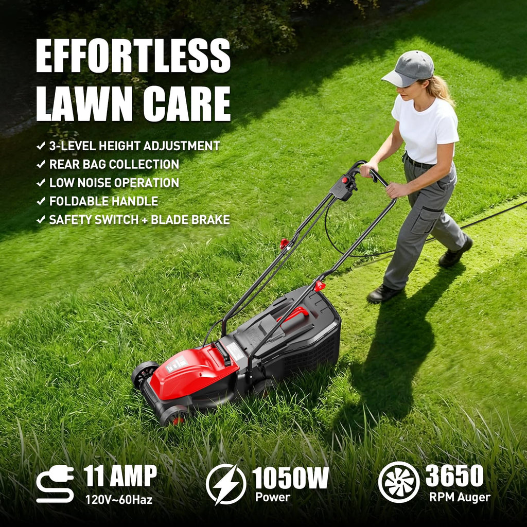14" Corded Lawn Mower, 3-Height, 2-in-1 Mulch & Bag H671
