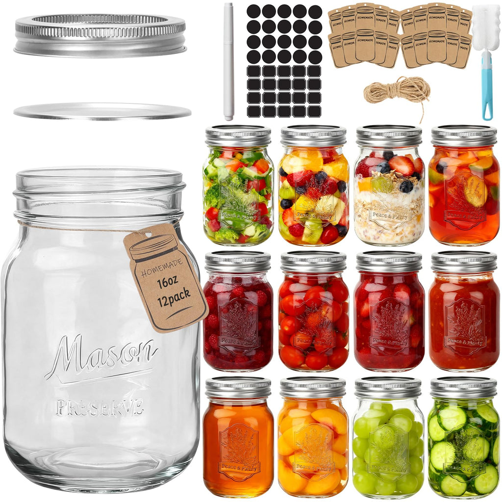 16oz 12 Pack Mason Jars with Airtight Lids E5345