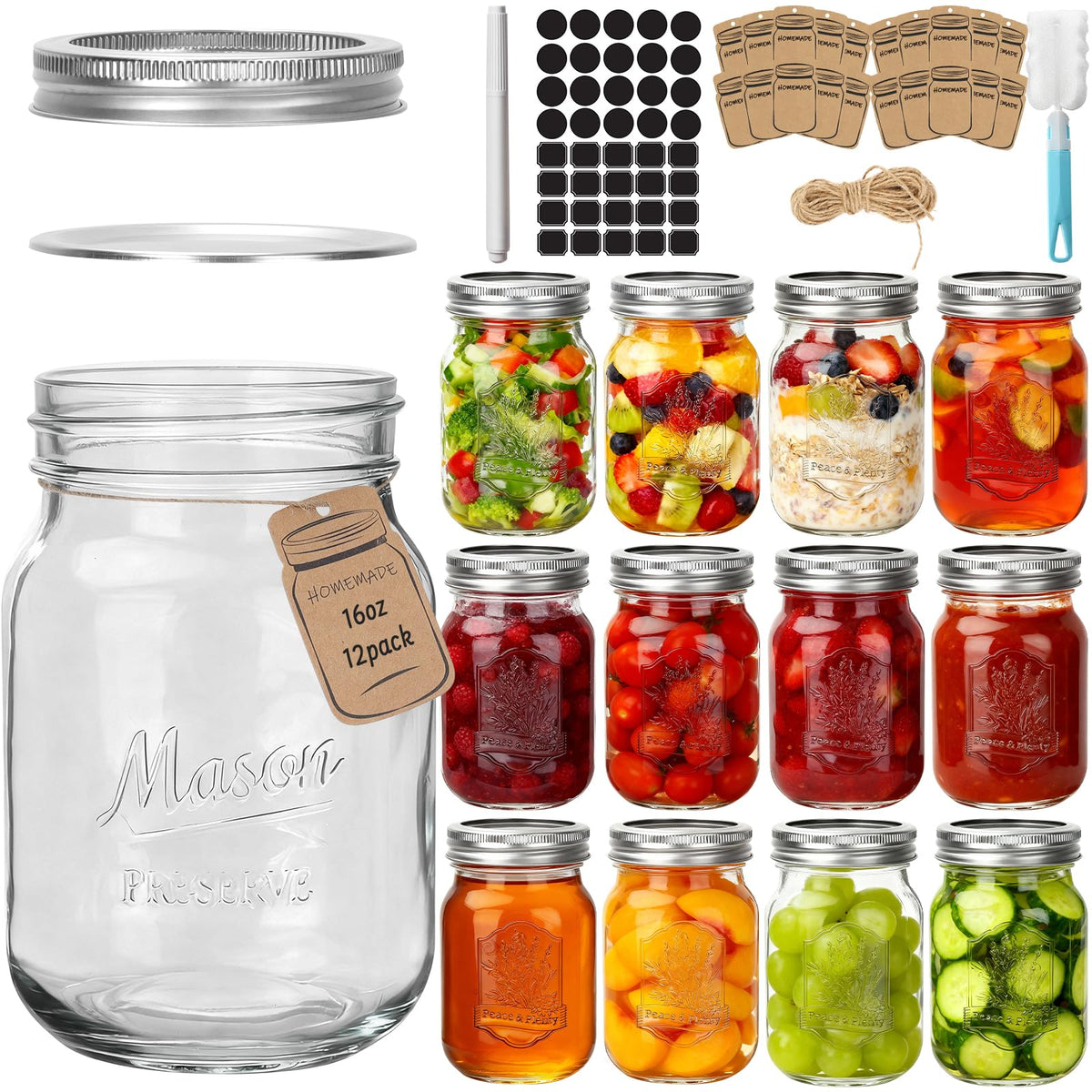 16oz 12 Pack Mason Jars with Airtight Lids E5345