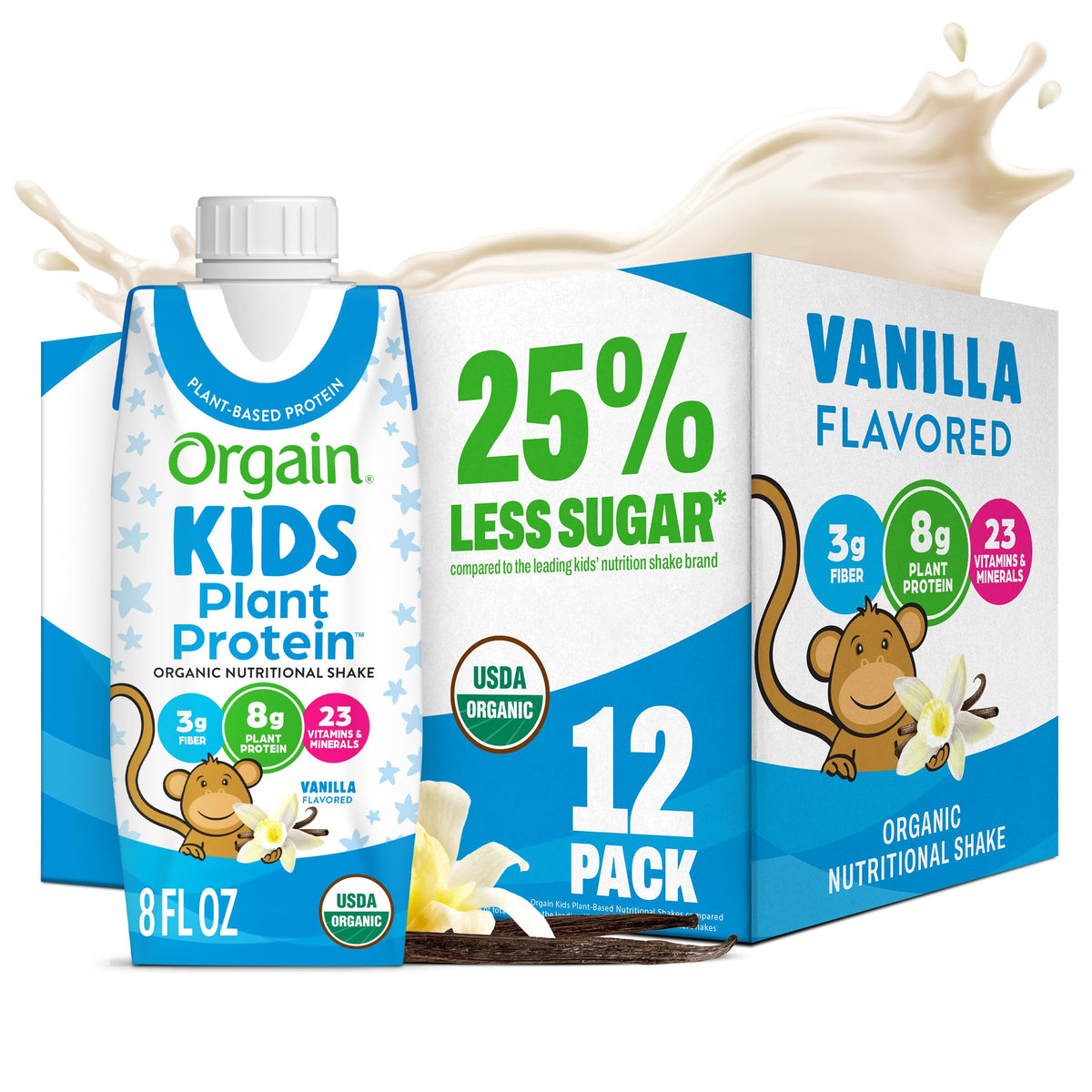 Organic Kids Vegan Protein Shakes Vanilla 8g Plant Protein 8 Fl Oz 12 Pack F54186
