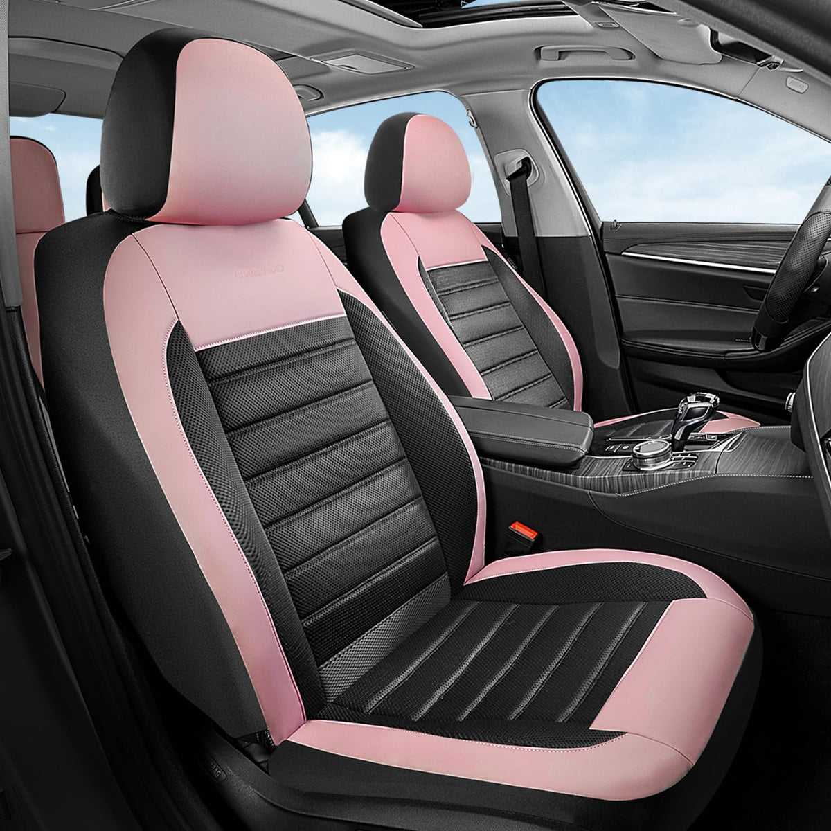 Pink Black Leather Car Seat Covers Full Set 5 Seats S748