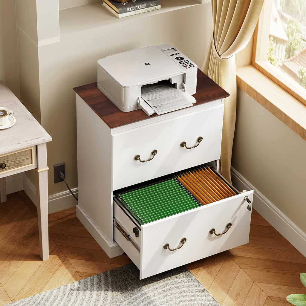 White 2 Drawer Wood File Cabinet with Charging Station and Lock D393