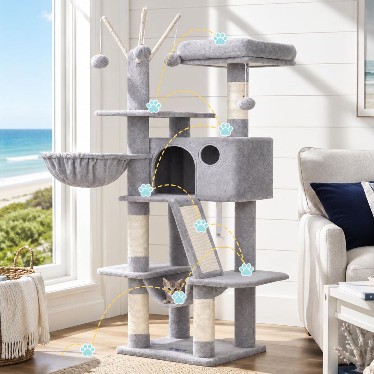 Cat Tree Tower with Padded Platform Bed, Hammock P8944