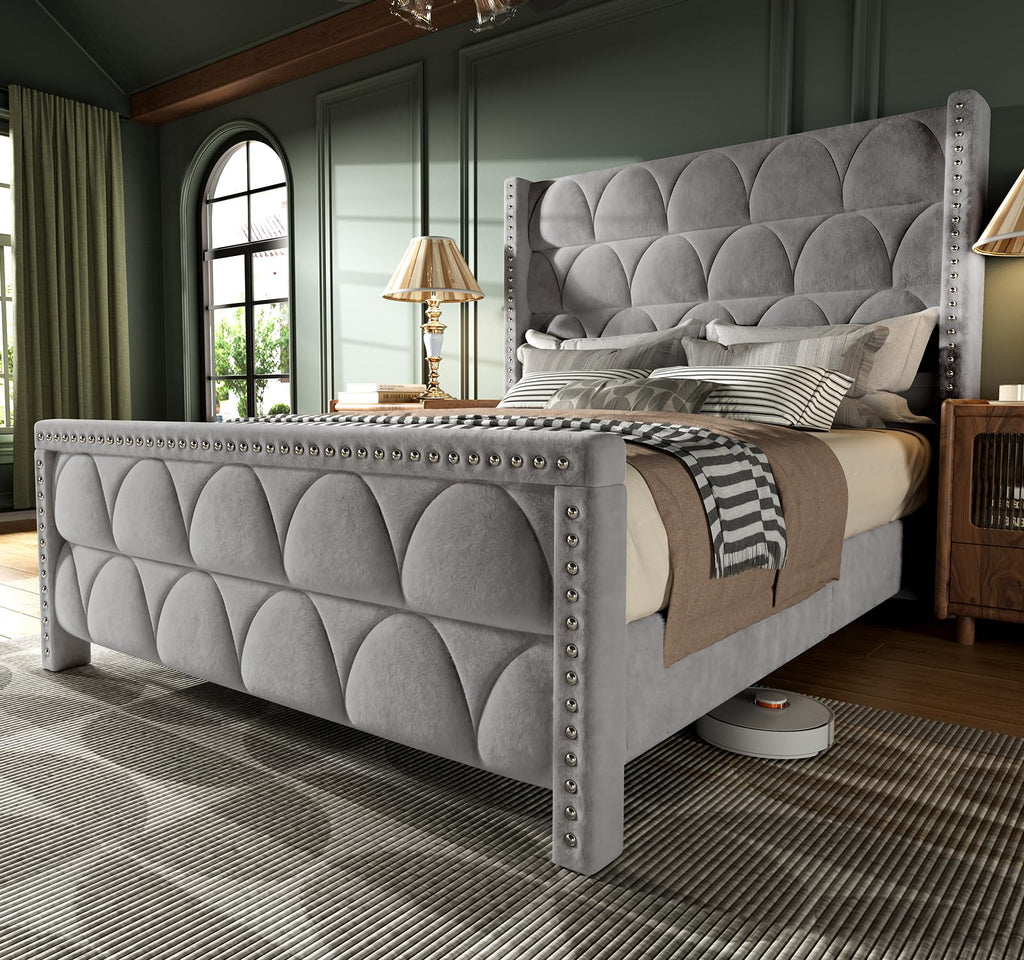 Queen Size Velvet Upholstered Platform Bed Frame C207475