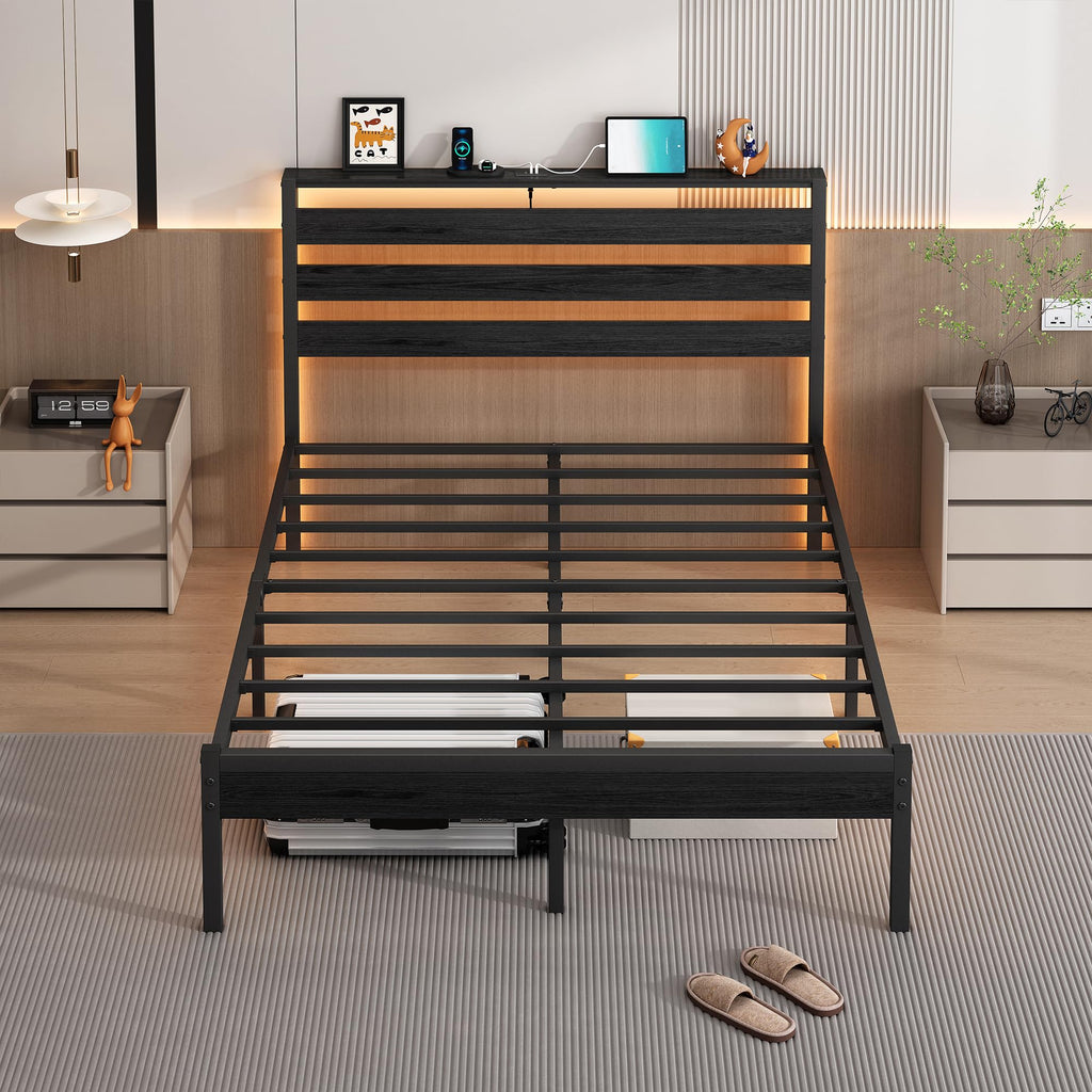 14 Inch Metal Platform Bed Frame with Headboard and USB Charging Station T774