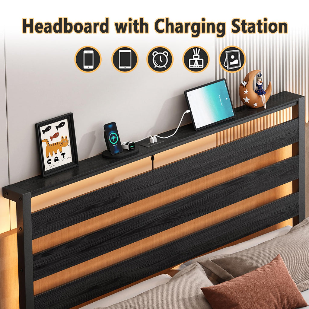14 Inch Metal Platform Bed Frame with Headboard and USB Charging Station T774