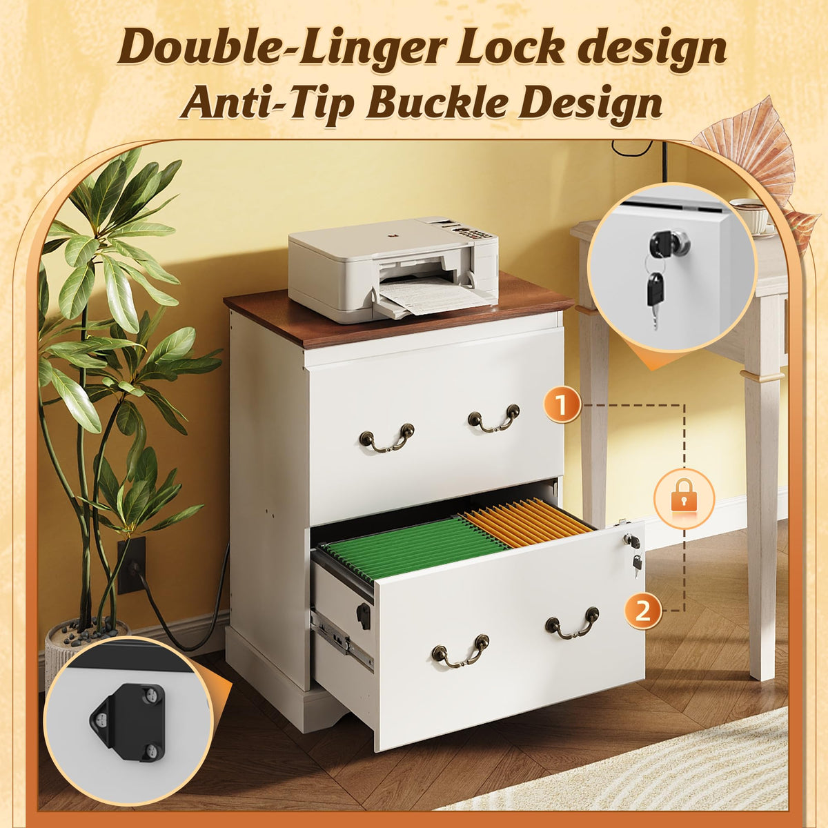 White 2 Drawer Wood File Cabinet with Charging Station and Lock D393