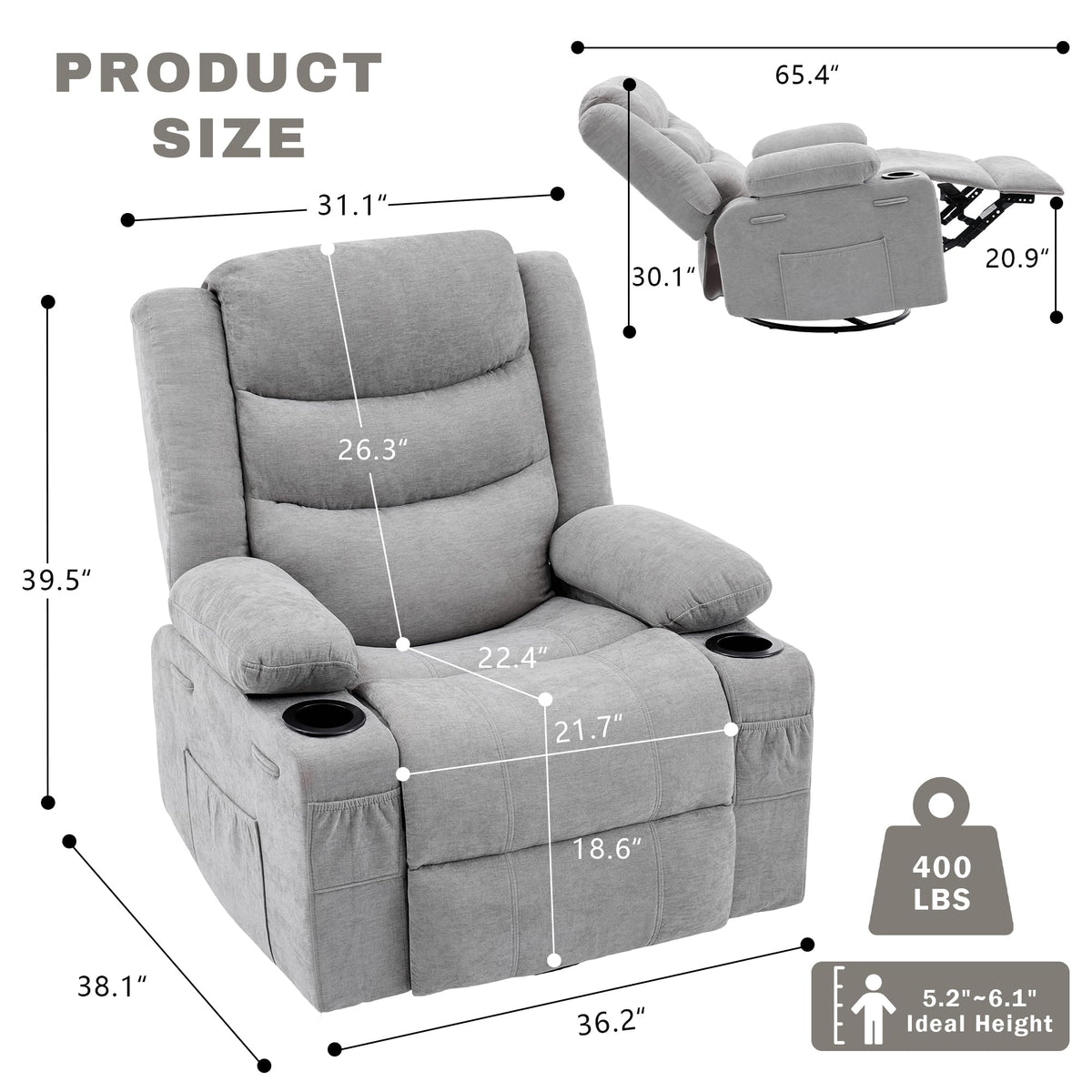 Grey Chenille Swivel Rocker Recliner Chair G80100