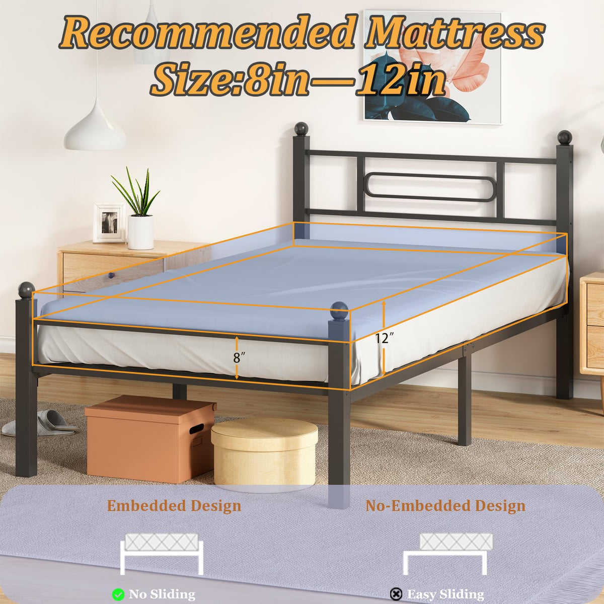 Black Metal Twin Size Bed Frames with Headboard G646612