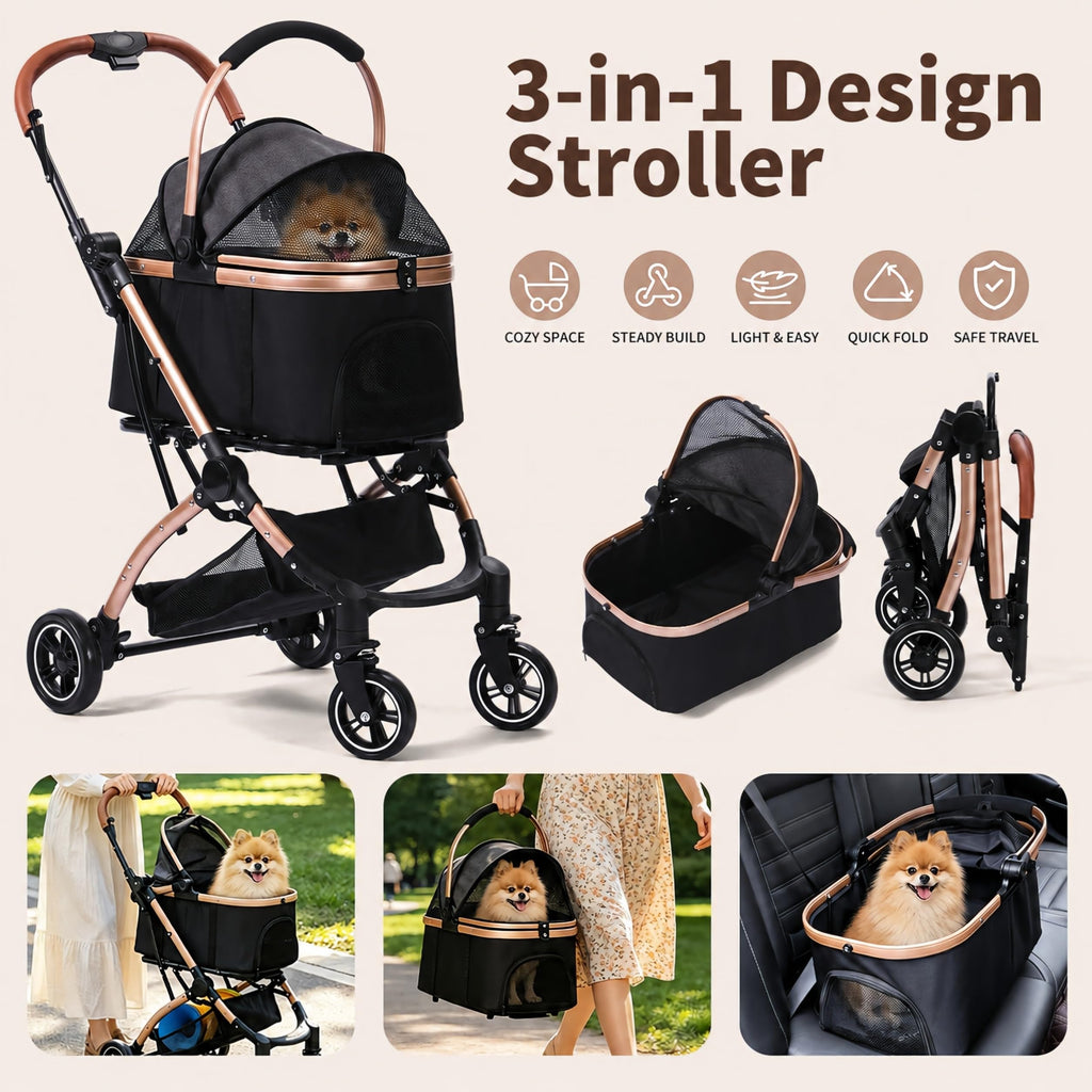 Black 3-in-1 Pet Stroller with Removable Carrier X286