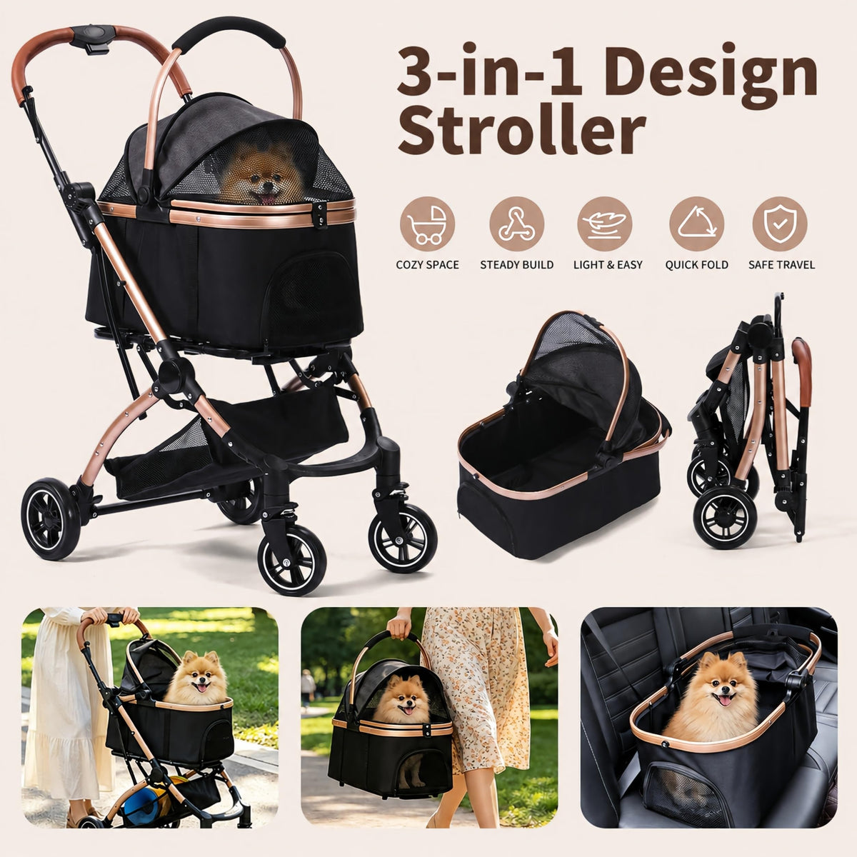 Black 3-in-1 Pet Stroller with Removable Carrier X286