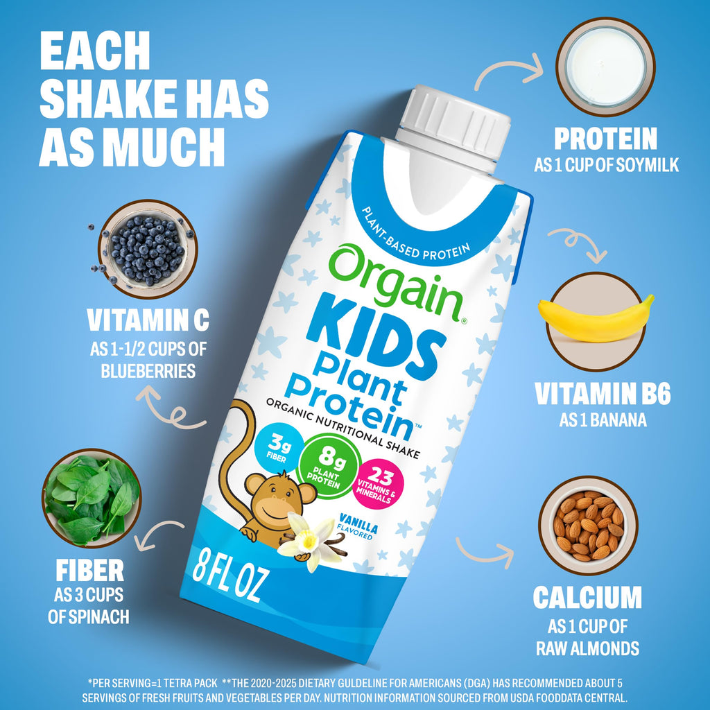 Organic Kids Vegan Protein Shakes Vanilla 8g Plant Protein 8 Fl Oz 12 Pack F54186