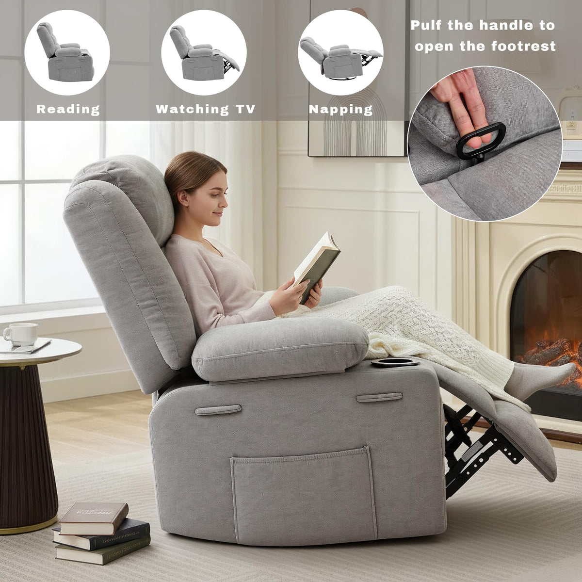 Grey Chenille Swivel Rocker Recliner Chair G80100