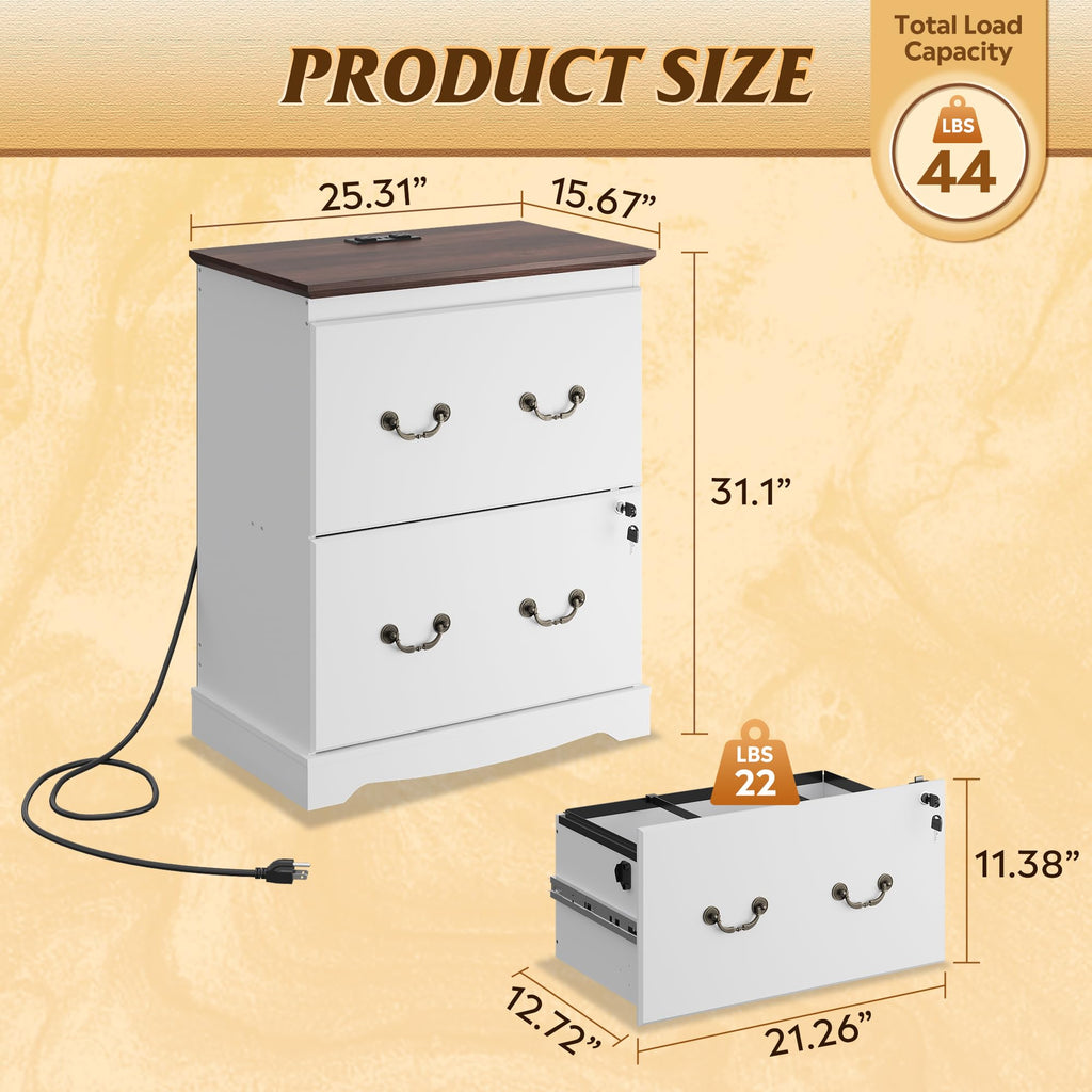 White 2 Drawer Wood File Cabinet with Charging Station and Lock D393