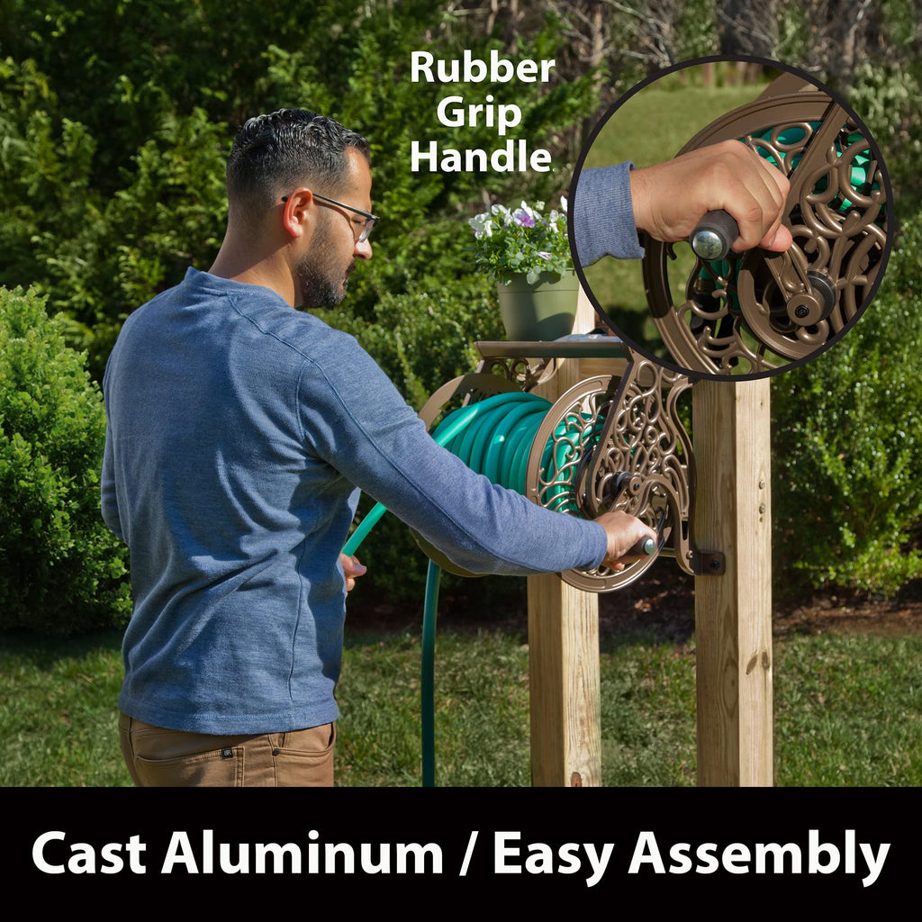 Cast Aluminum Wall Mount Hose Reel, Holds 125-Feet of 5/8-Inch Hose - Bronze D77741