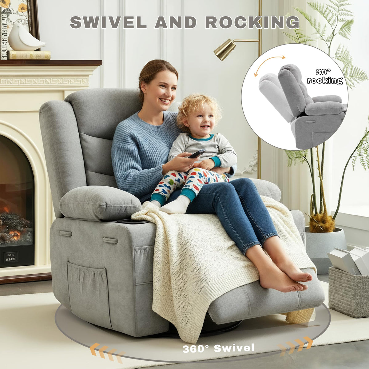 Grey Chenille Swivel Rocker Recliner Chair G80100