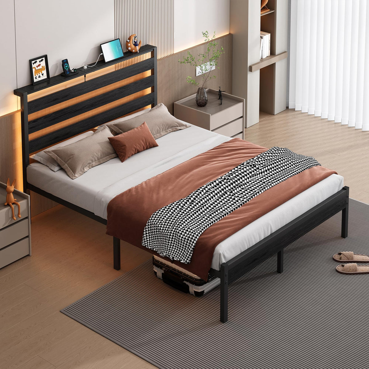 14 Inch Metal Platform Bed Frame with Headboard and USB Charging Station T774