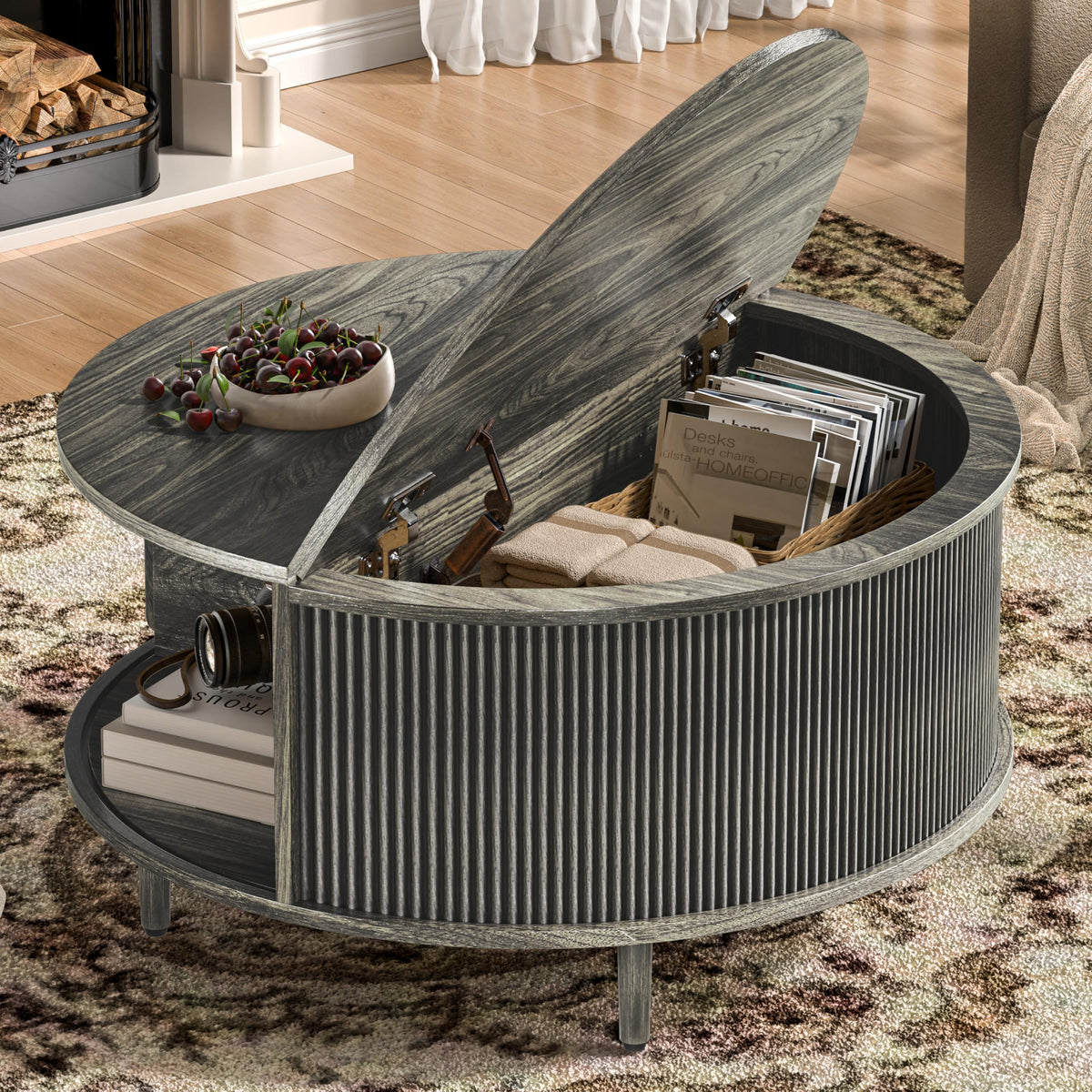 Round Coffee Table, 31.5" Lift-Top with Storage, Grey Q463410