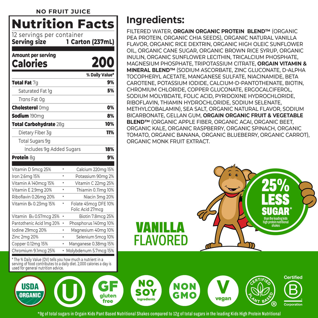Organic Kids Vegan Protein Shakes Vanilla 8g Plant Protein 8 Fl Oz 12 Pack F54186