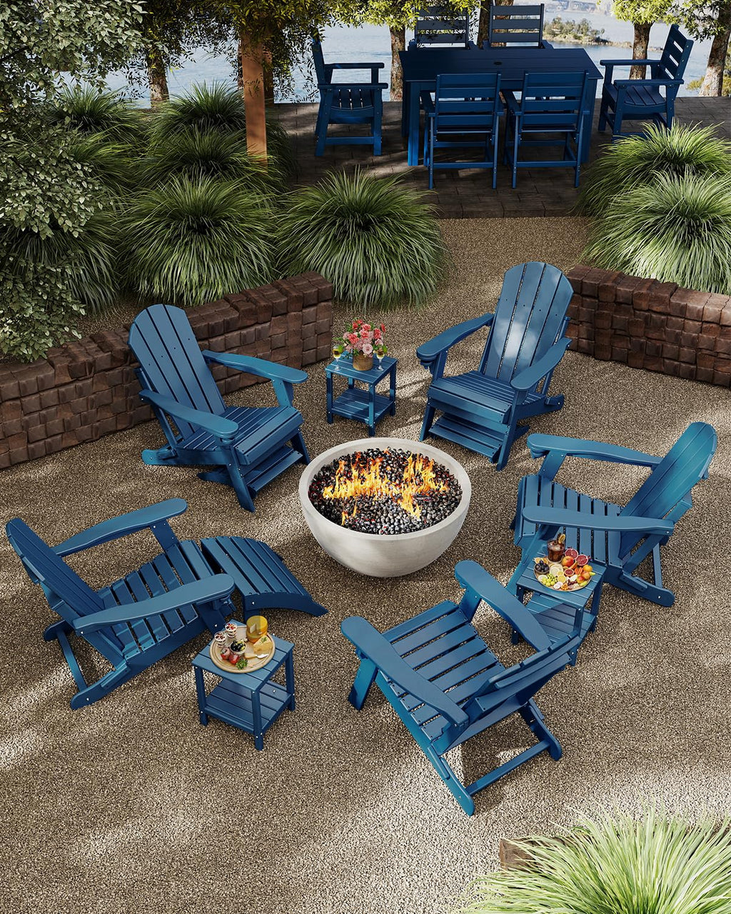 Blue 3-Piece Folding Adirondack Chair Set with Side Table HDPE Y7962