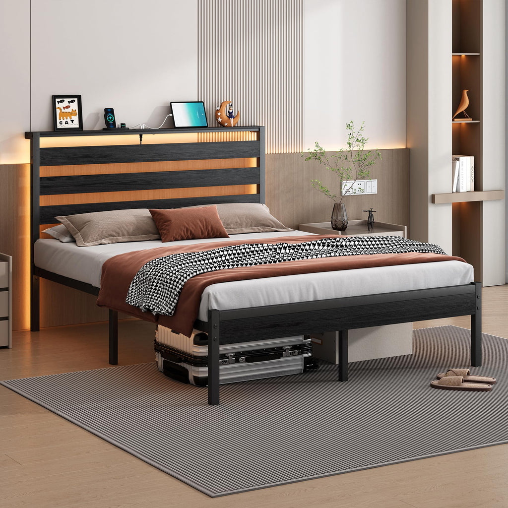 14 Inch Metal Platform Bed Frame with Headboard and USB Charging Station T774